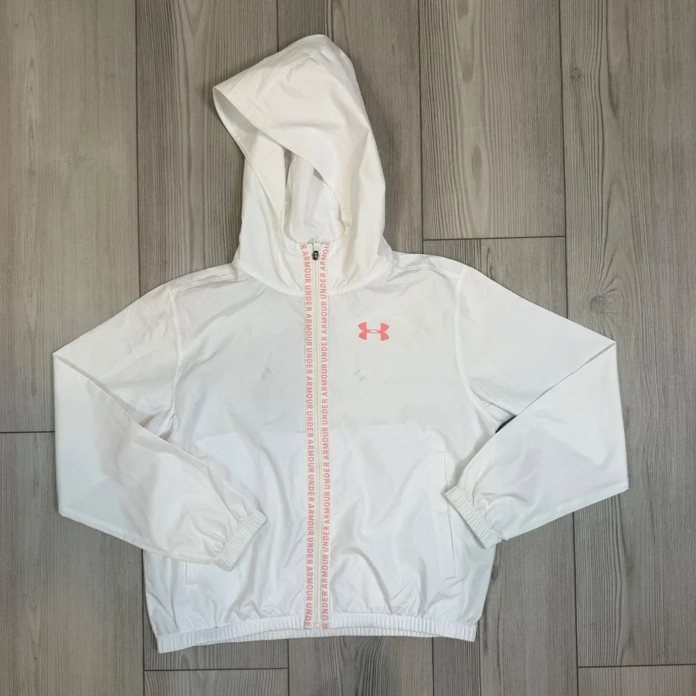 Under Armour Girls White Windbreaker Jacket Hooded Full Zip Pink Logo YMD